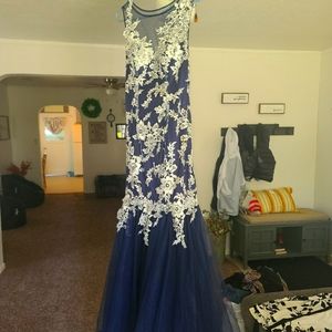 Formal gown size small navy and silver embroidery details, chiffon